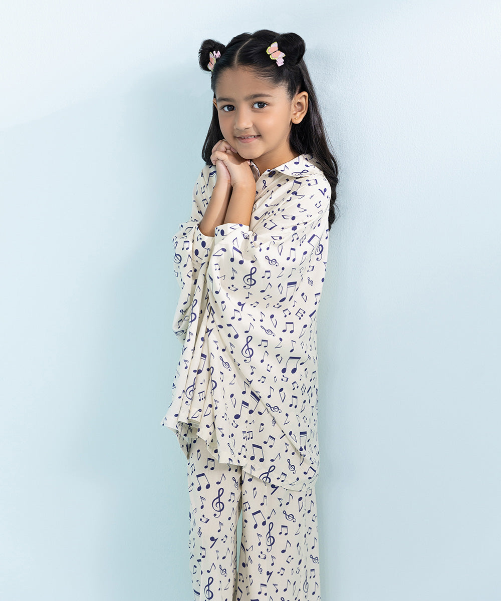 Kids East Girls Off White 2 Piece Printed Linen Set