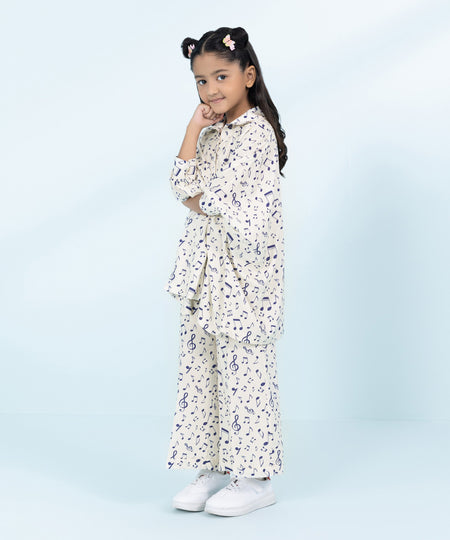 Kids East Girls Off White 2 Piece Printed Linen Set