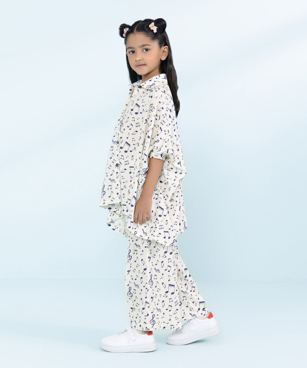 Kids East Girls Off White 2 Piece Printed Linen Set