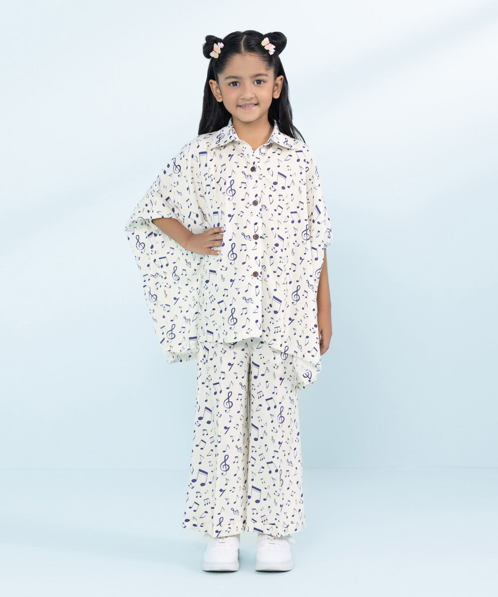 Kids East Girls Off White 2 Piece Printed Linen Set