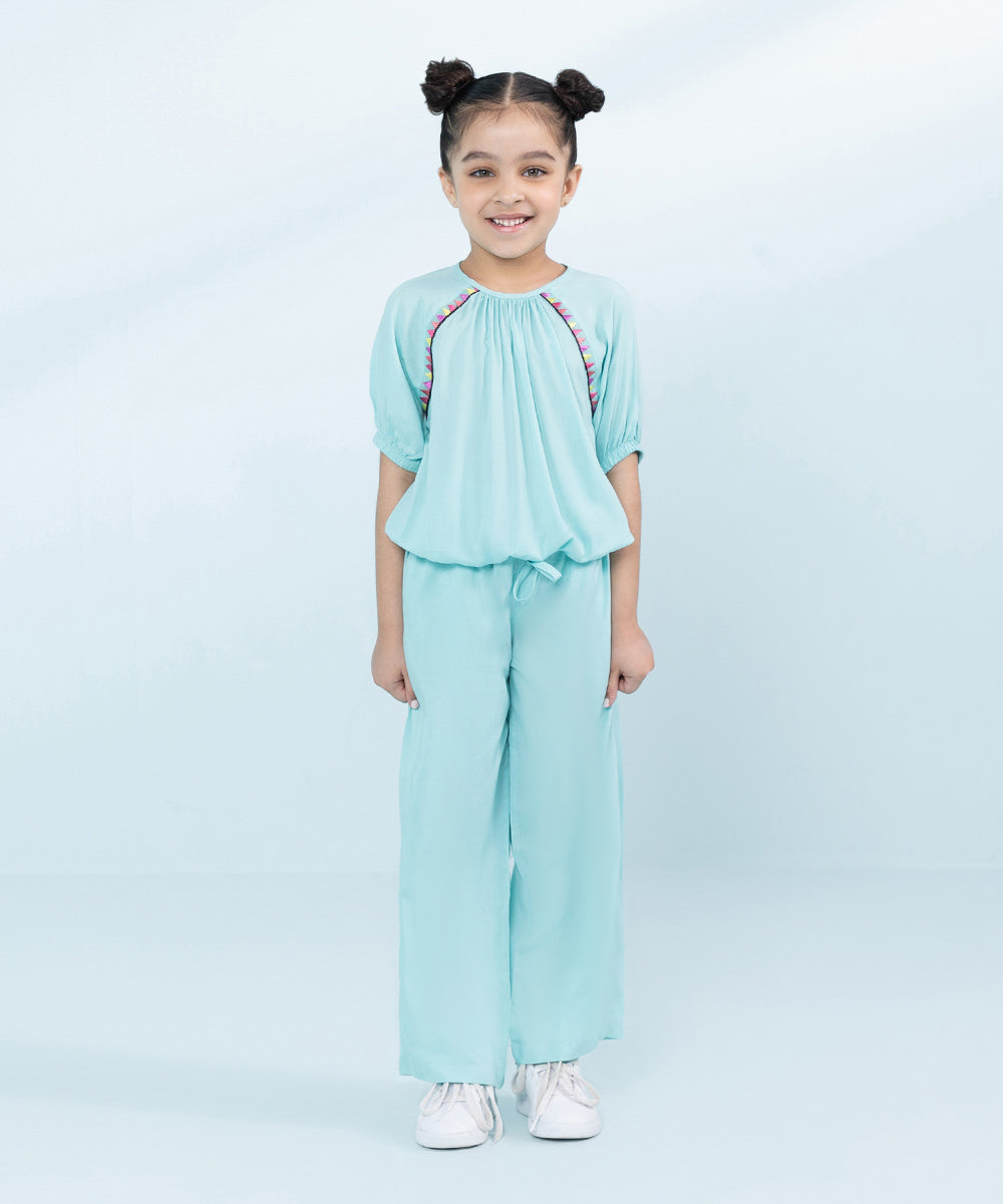 Kids East Girls Blue 2 Piece Embroidered Linen Set