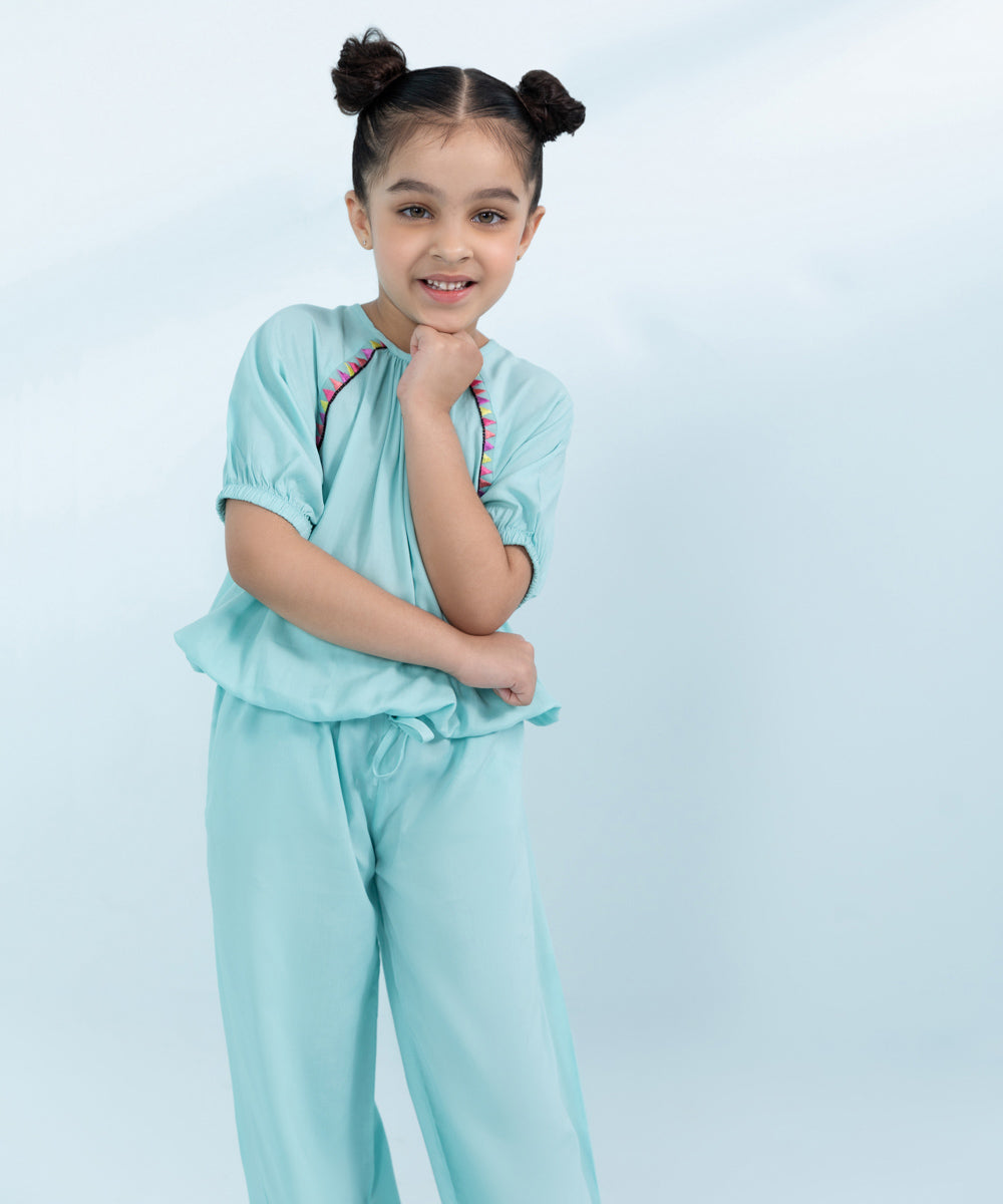 Kids East Girls Blue 2 Piece Embroidered Linen Set