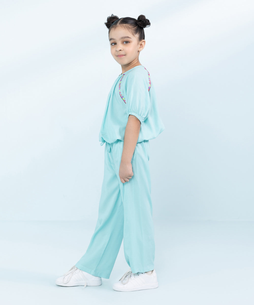 Kids East Girls Blue 2 Piece Embroidered Linen Set