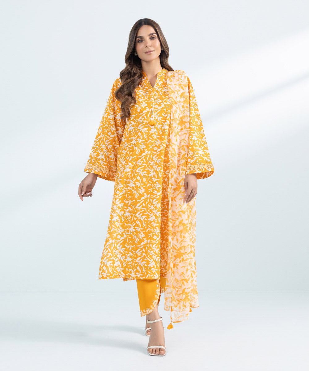 Women's Pret Slub Lawn Printed Embroidered Orange 3 Piece Suit