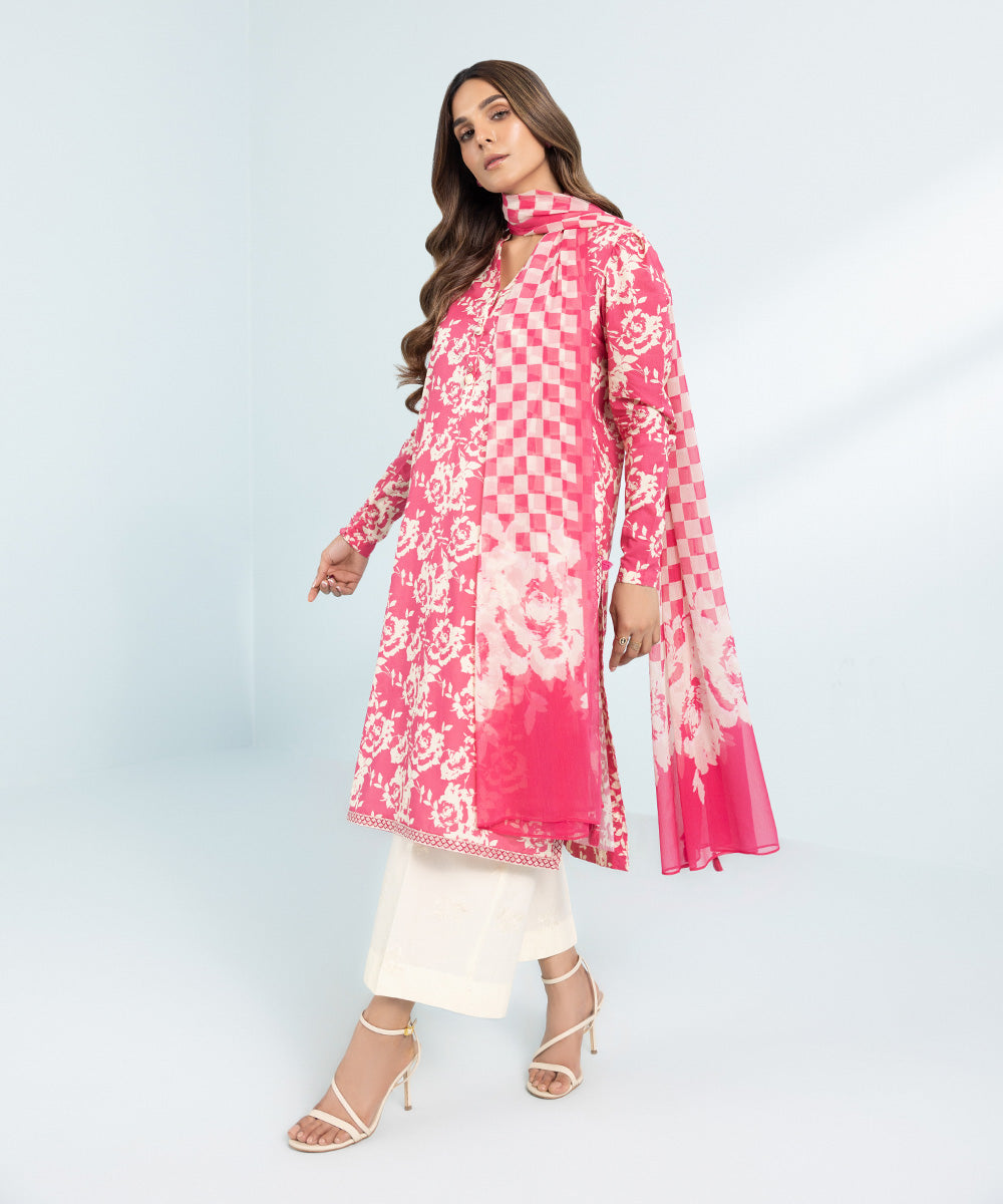 Women's Pret Slub Lawn Printed Embroidered Pink 3 Piece Suit