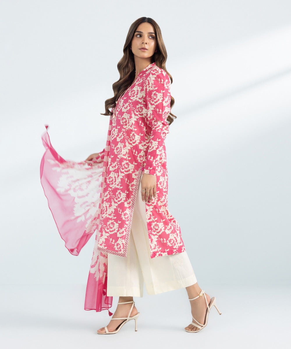 Women's Pret Slub Lawn Printed Embroidered Pink 3 Piece Suit