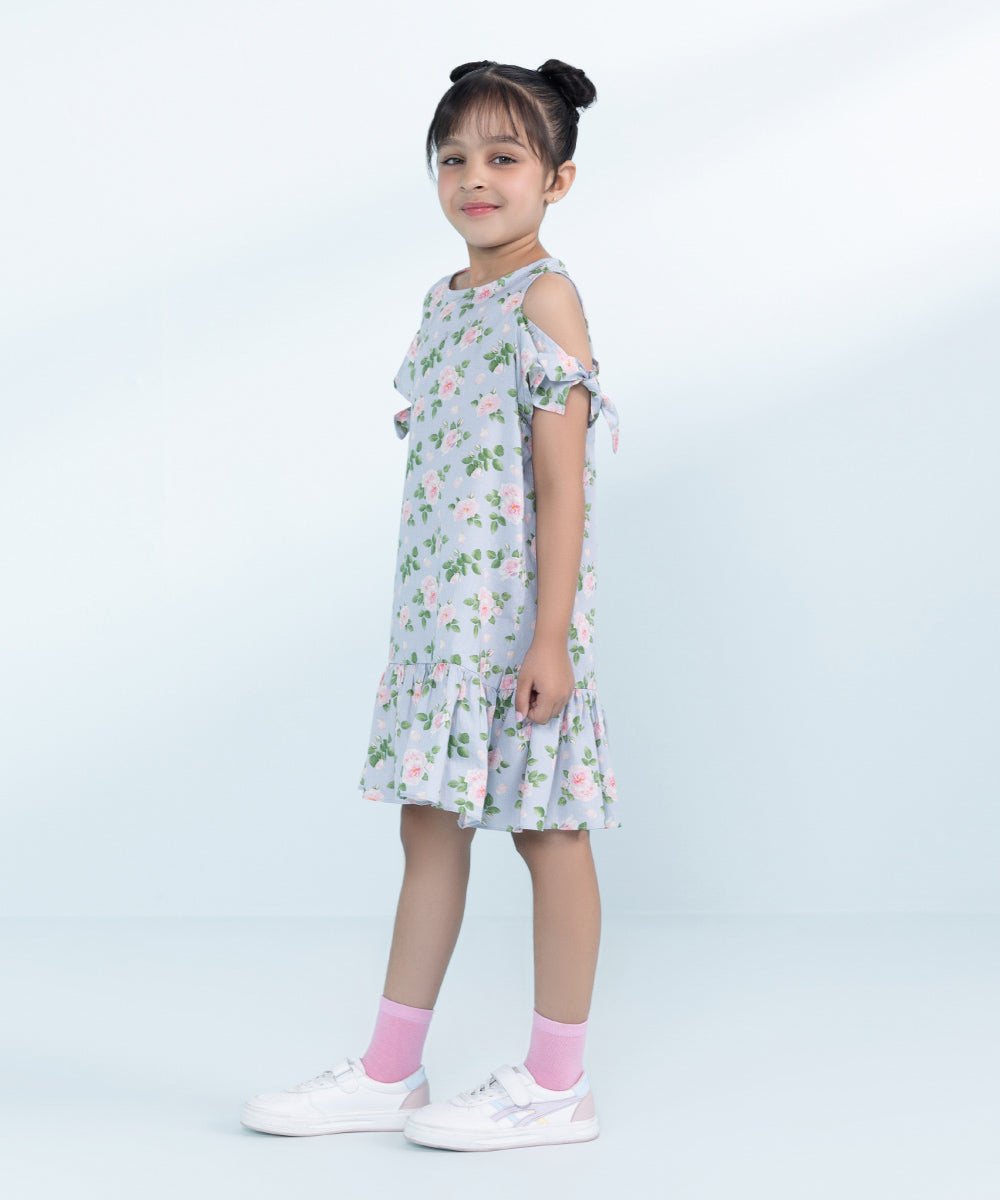 Kids Sky Blue 1 Piece Printed Cotton Satin Dress