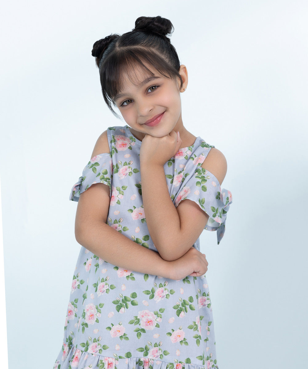 Kids Sky Blue 1 Piece Printed Cotton Satin Dress