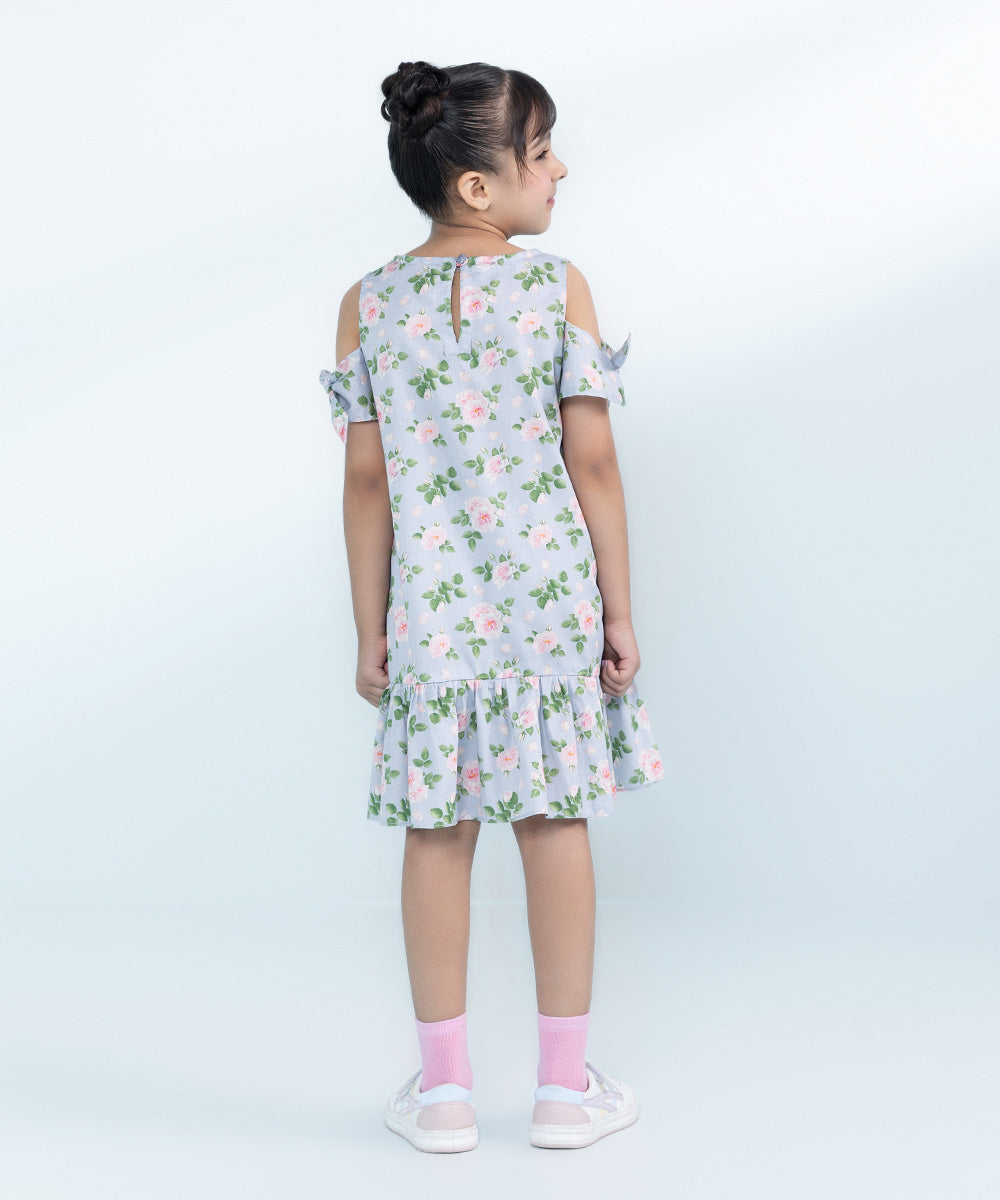 Kids Sky Blue 1 Piece Printed Cotton Satin Dress