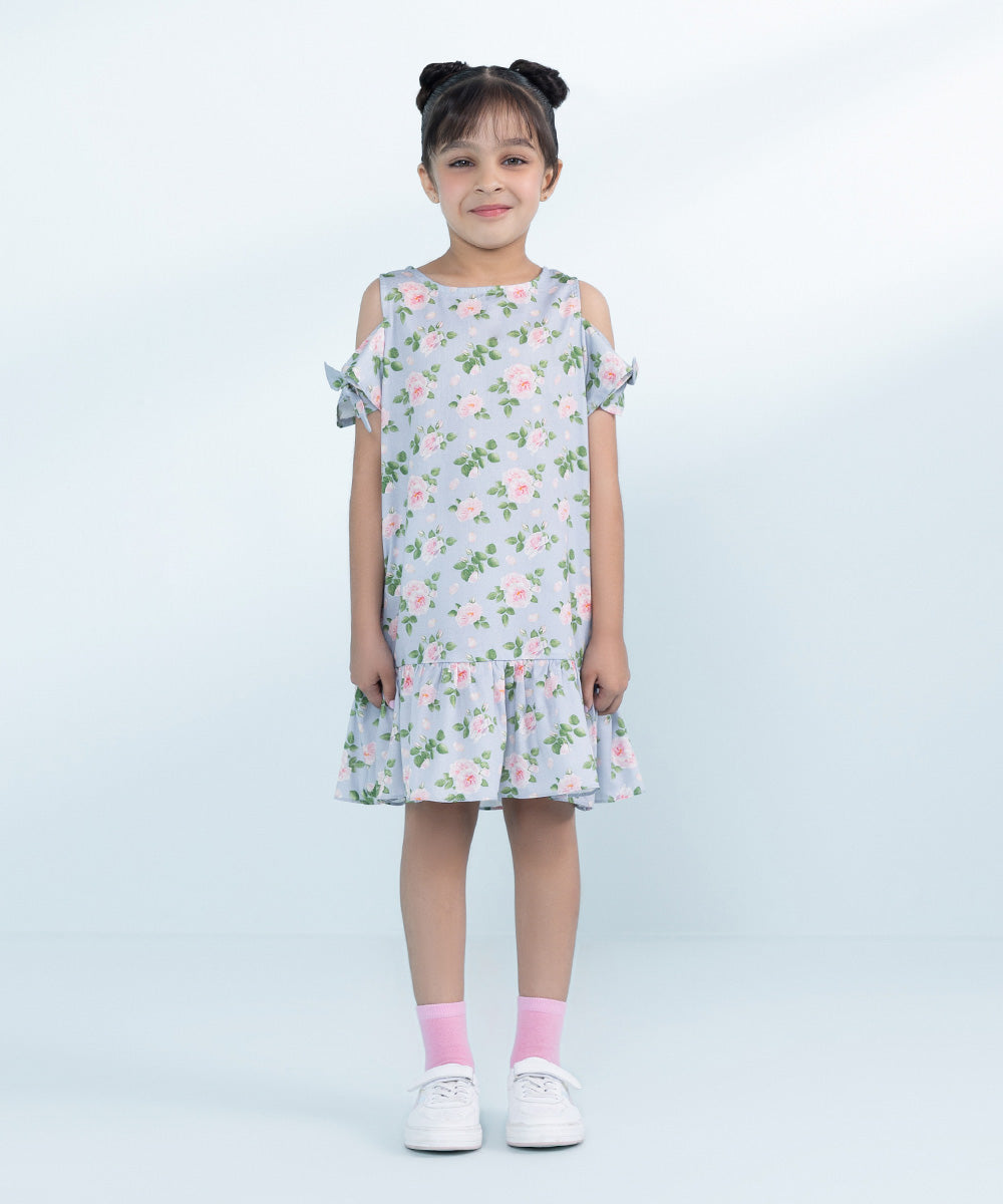 Kids Sky Blue 1 Piece Printed Cotton Satin Dress