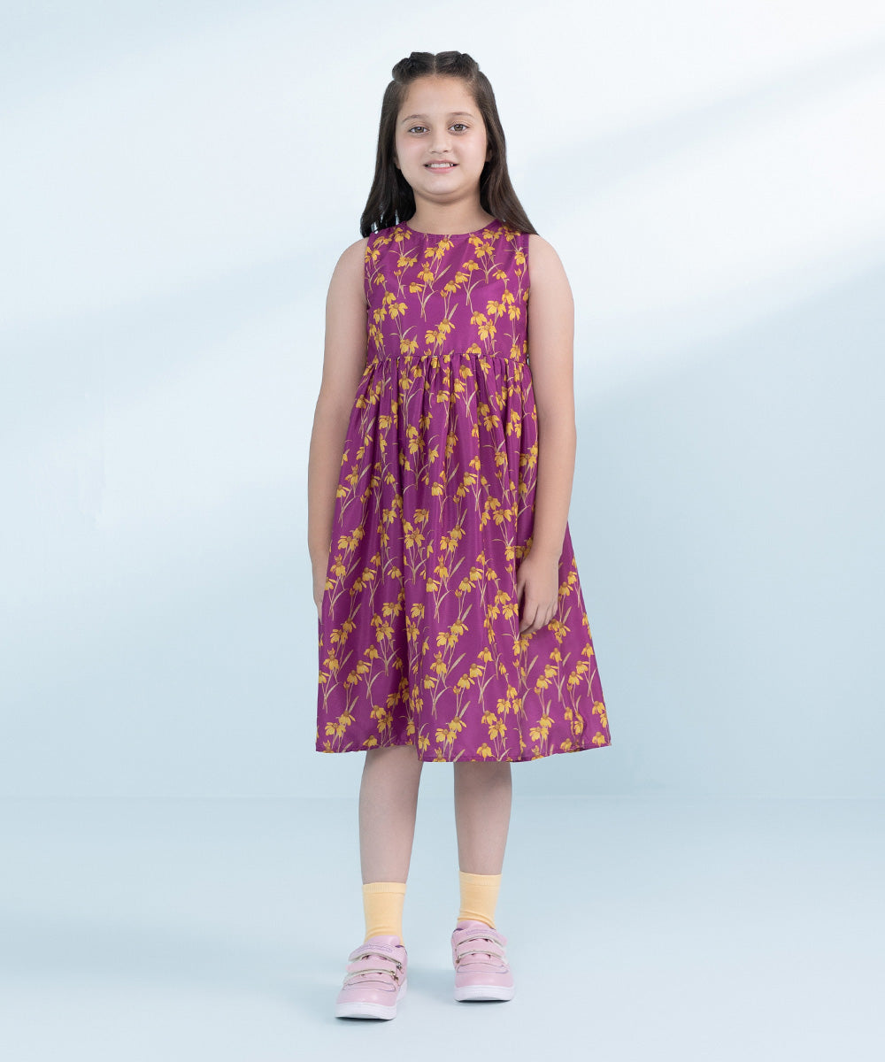 Kids Magenta 1 Piece Printed Silk Dress