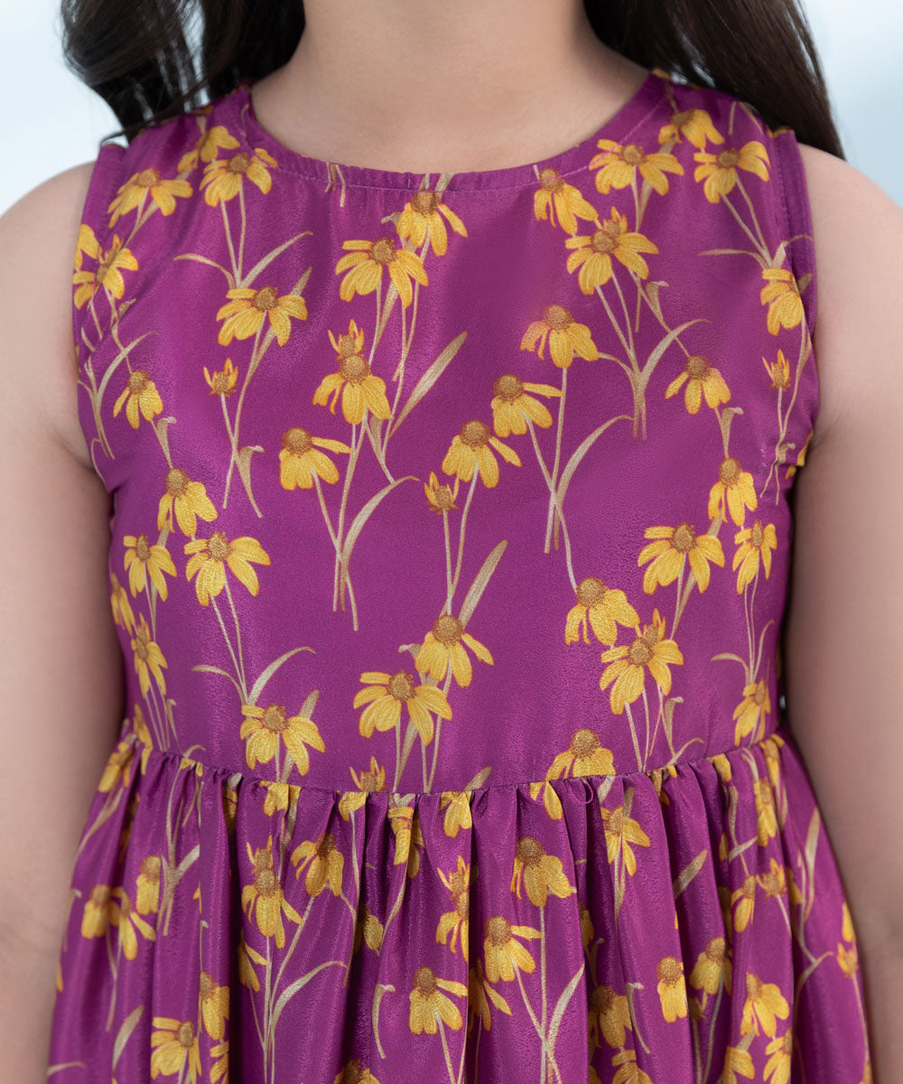 Kids Magenta 1 Piece Printed Silk Dress