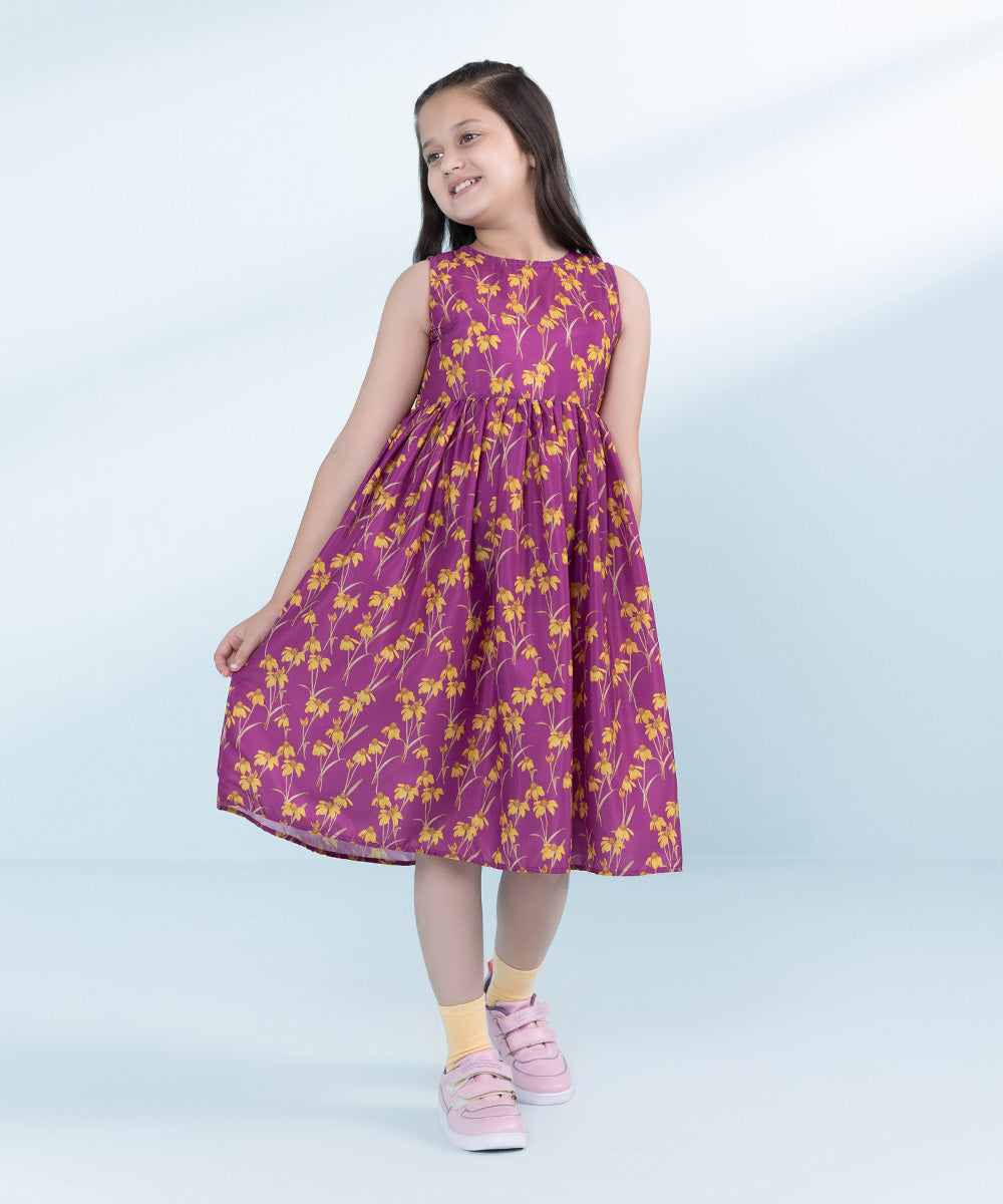 Kids Magenta 1 Piece Printed Silk Dress