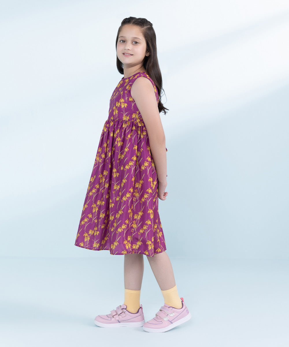 Kids Magenta 1 Piece Printed Silk Dress