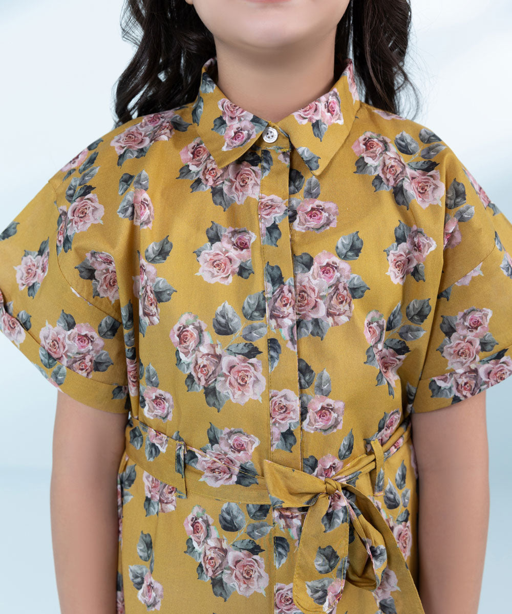 Kids Yellow 1 Piece Printed Linen Dress