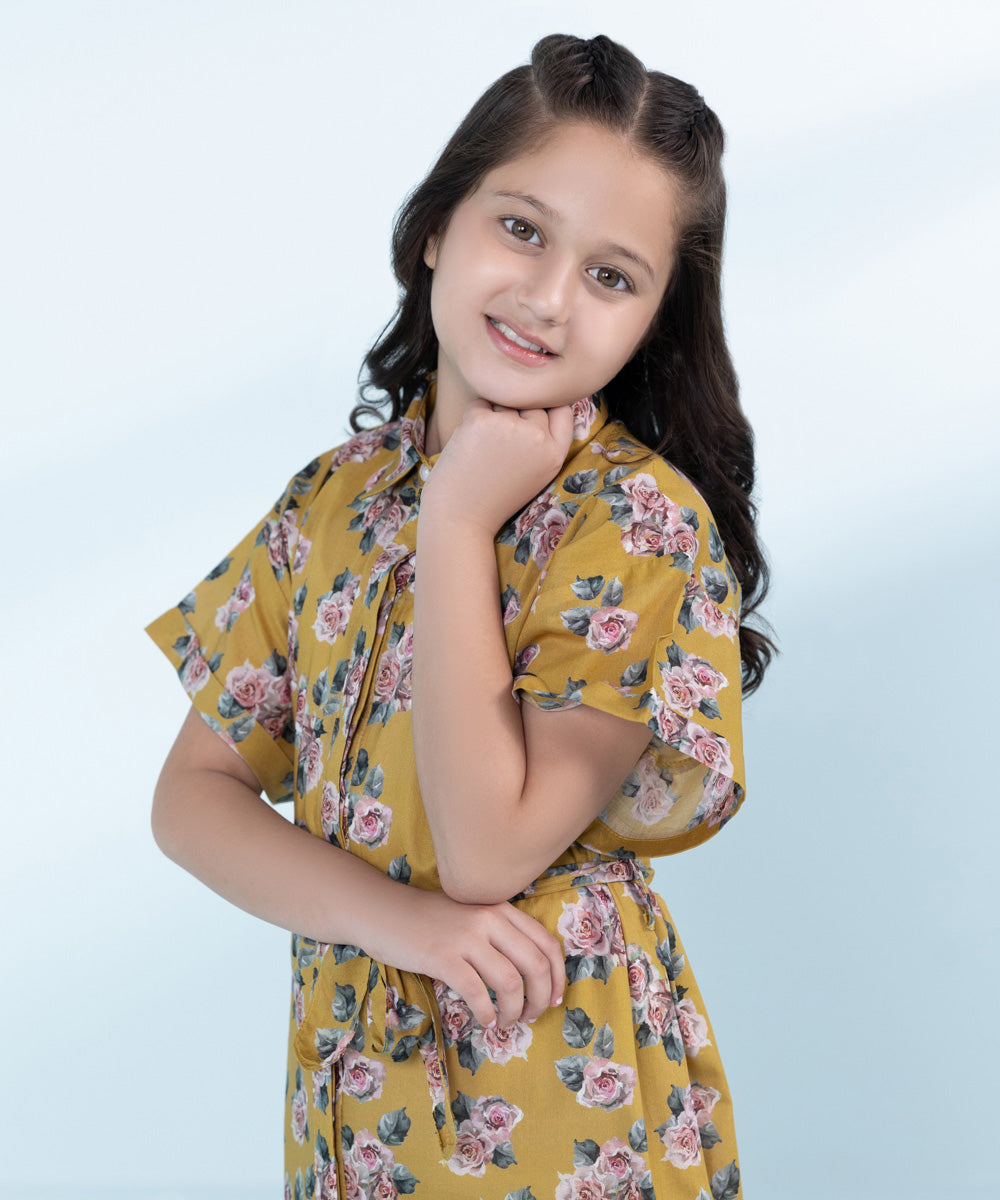 Kids Yellow 1 Piece Printed Linen Dress