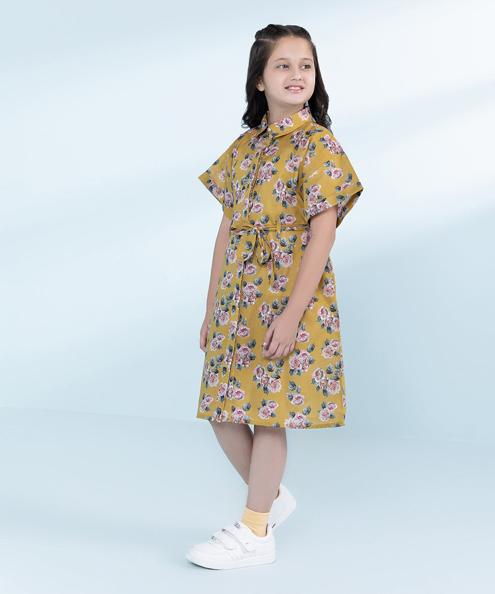 Kids Yellow 1 Piece Printed Linen Dress