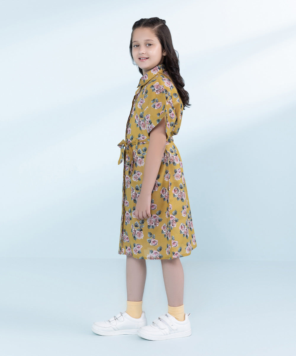 Kids Yellow 1 Piece Printed Linen Dress