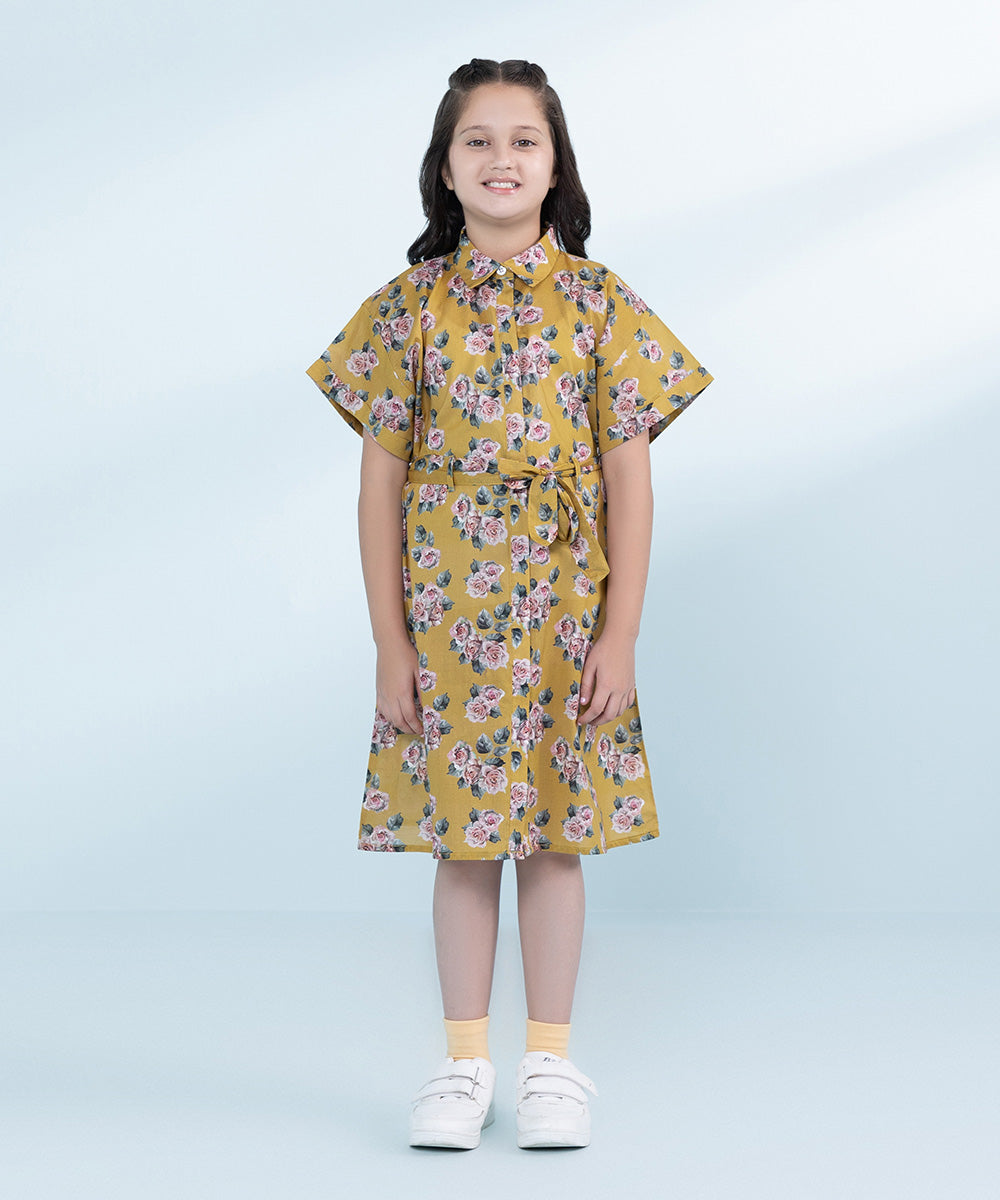 Kids Yellow 1 Piece Printed Linen Dress