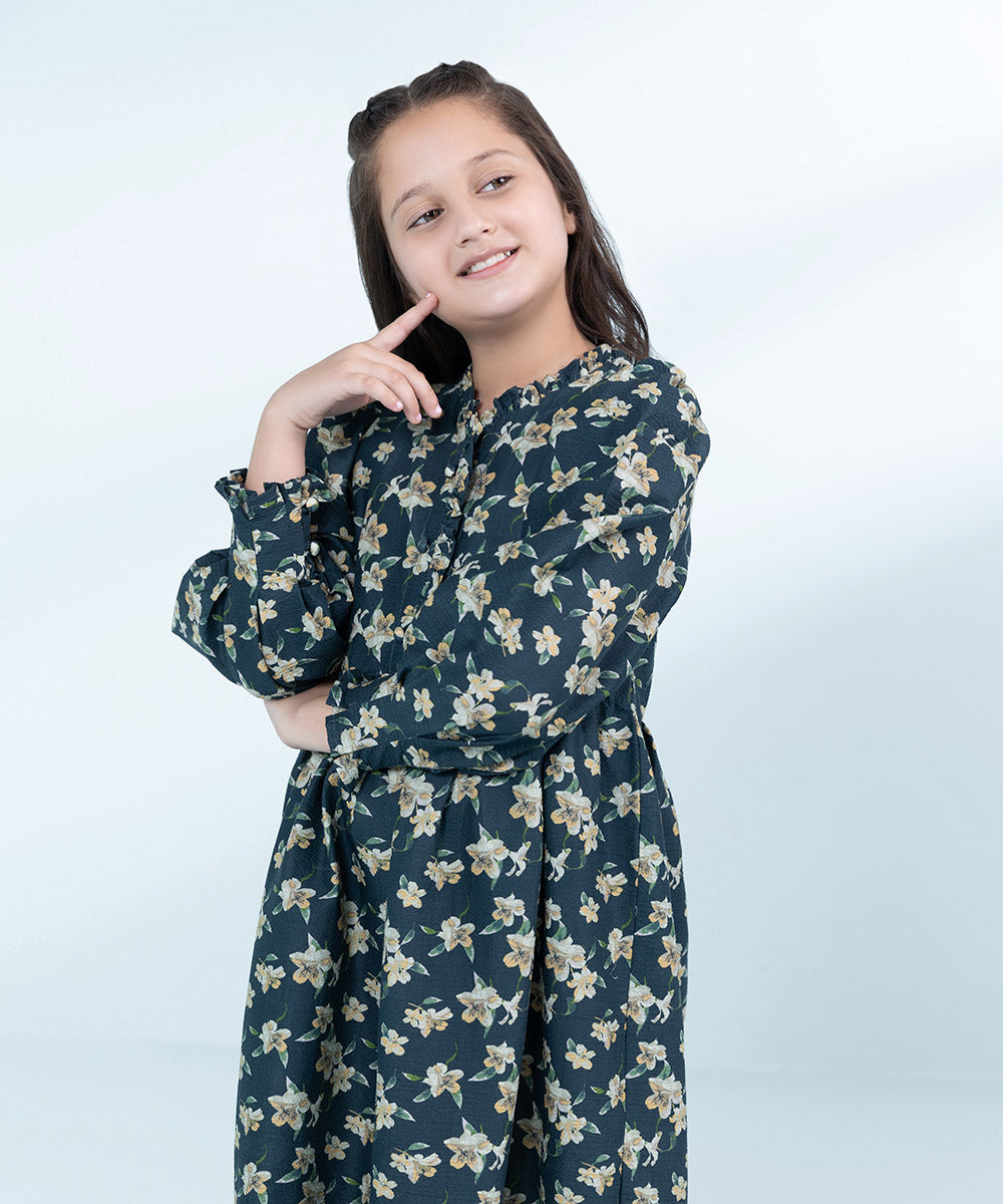 Kids Sea Green 1 Piece Printed Seer Sucker Dress