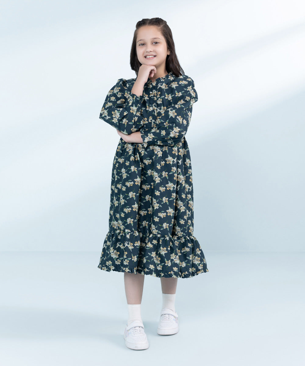 Kids Sea Green 1 Piece Printed Seer Sucker Dress