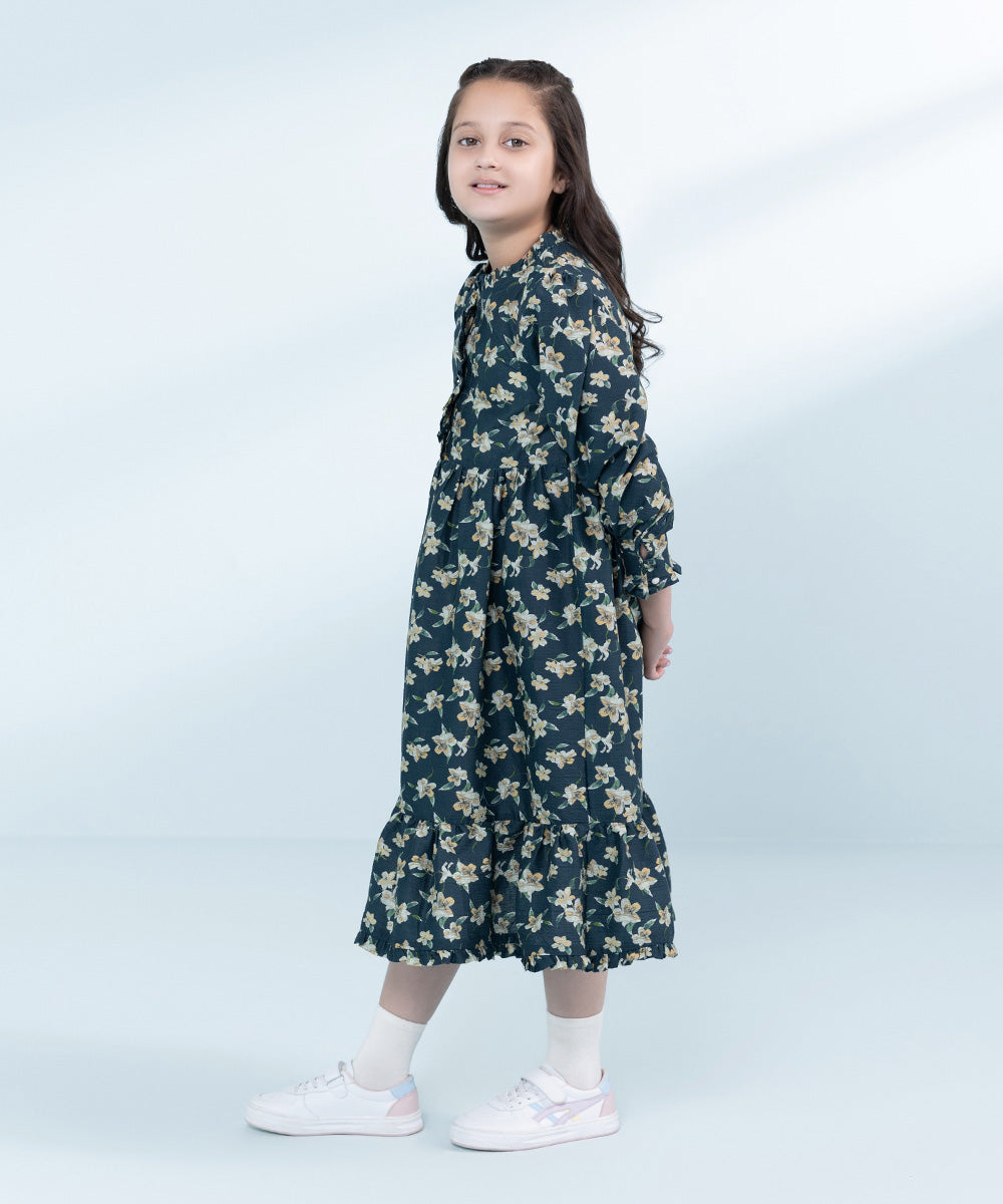 Kids Sea Green 1 Piece Printed Seer Sucker Dress