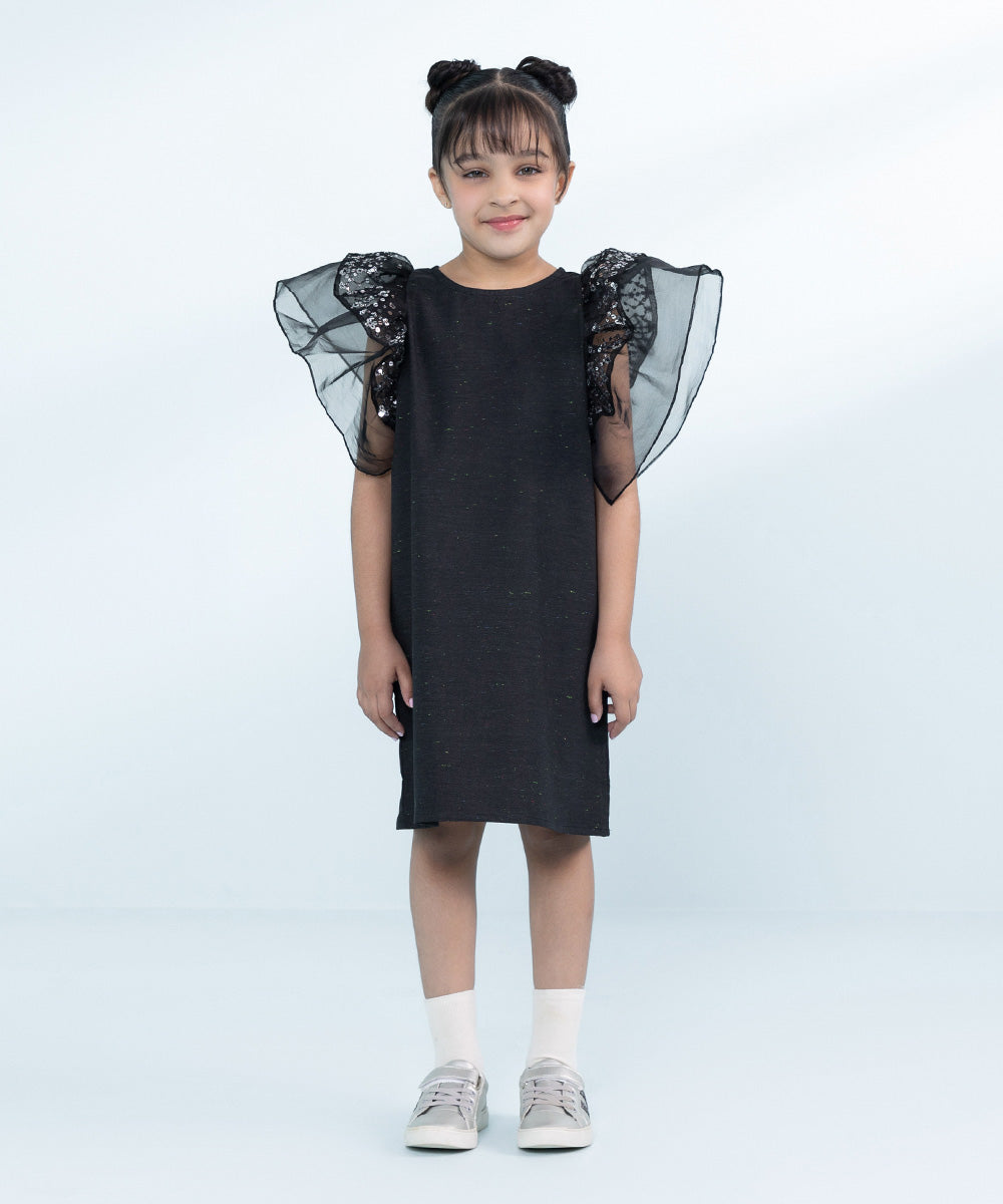 Kids Black 1 Piece Dyed Multi Neps Dress