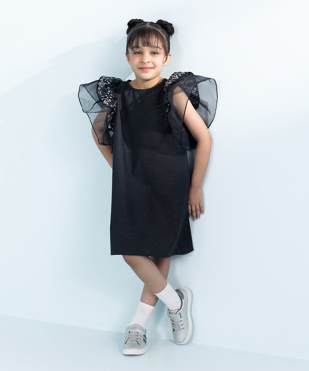 Kids Black 1 Piece Dyed Multi Neps Dress