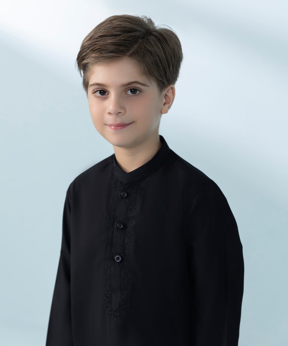 Kids East Boys' Black Embroidered Blended Cotton Suit