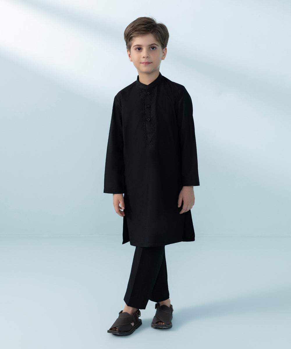 Kids East Boys' Black Embroidered Blended Cotton Suit