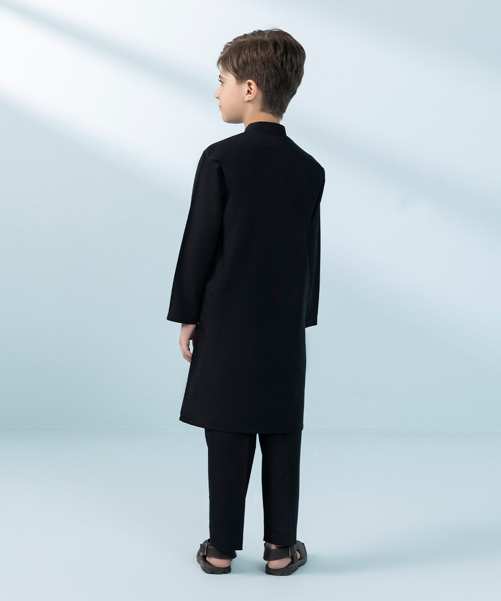 Kids East Boys' Black Embroidered Blended Cotton Suit