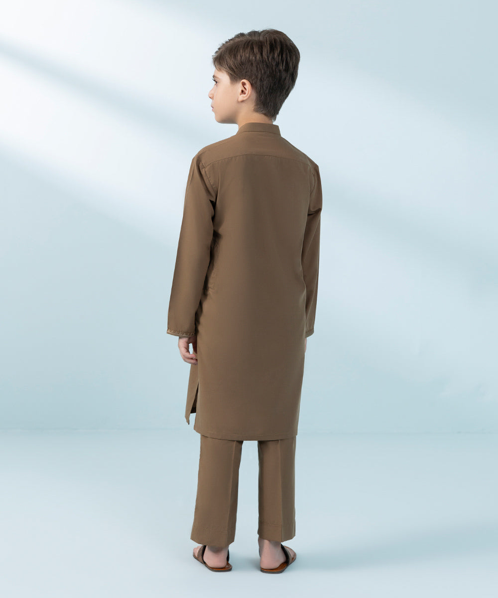 Kids East Boys' Brown Embroidered Blended Cotton Suit