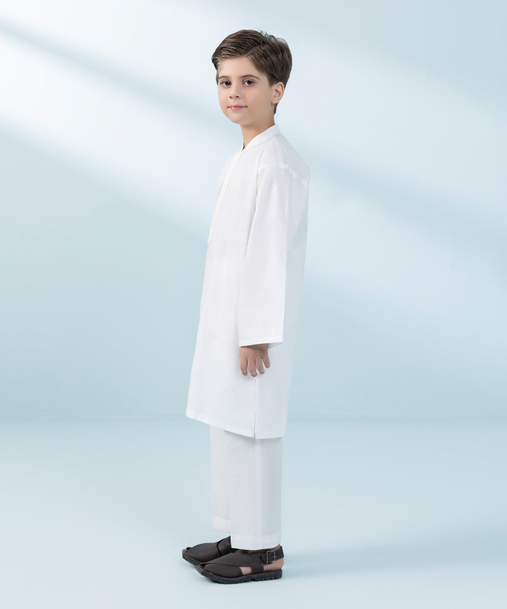 Kids East Boys' White Embroidered Cambric Suit