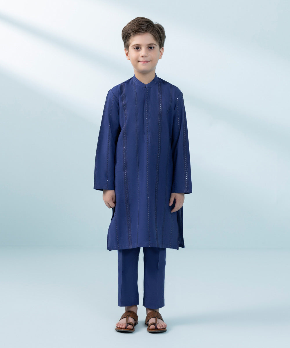 Kids East Boys' Blue Embroidered Cambric Suit