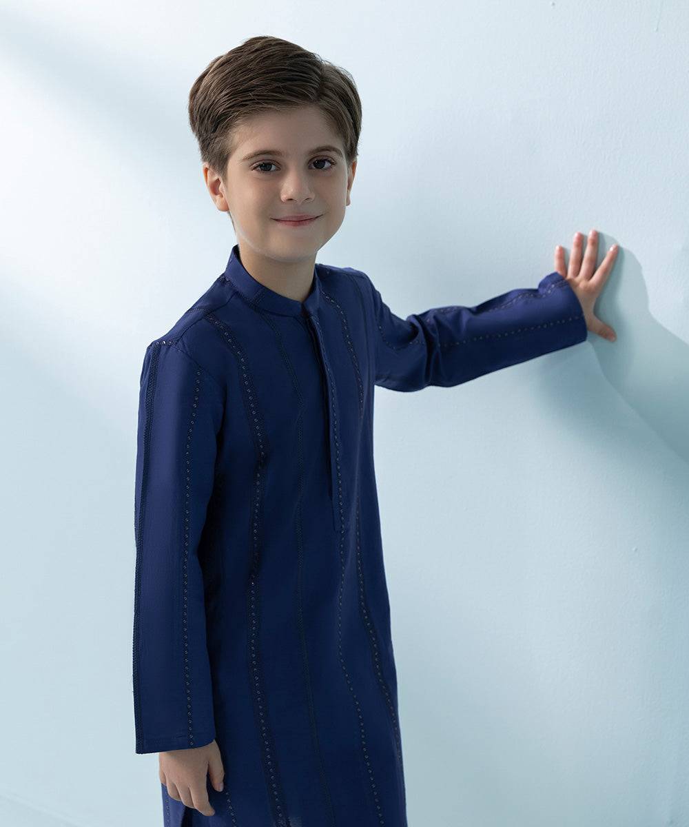 Kids East Boys' Blue Embroidered Cambric Suit