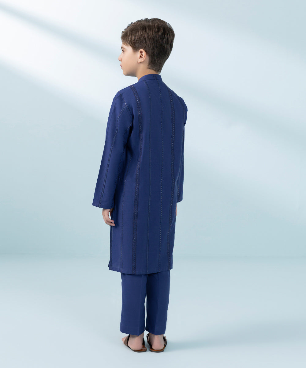 Kids East Boys' Blue Embroidered Cambric Suit