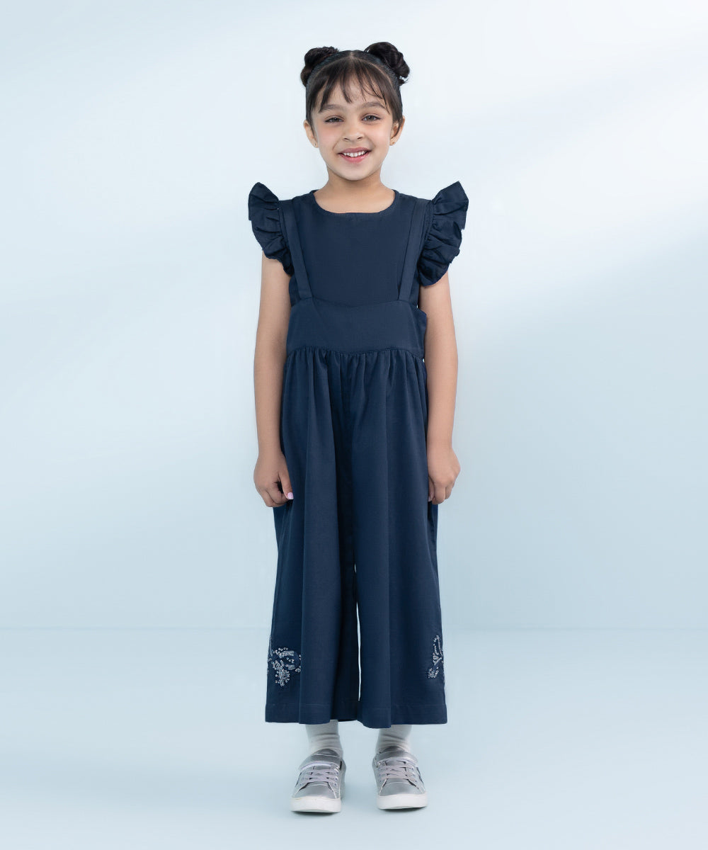 Kids Blue 2 Piece Embroidered Cotton Satin Suit