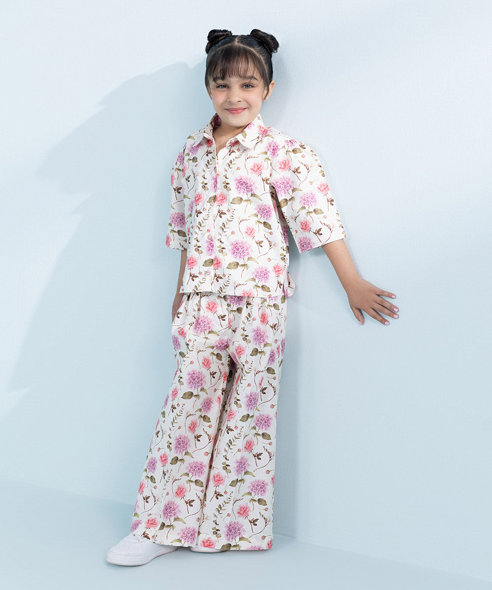 Kids White 2 Piece Printed Poplin Suit