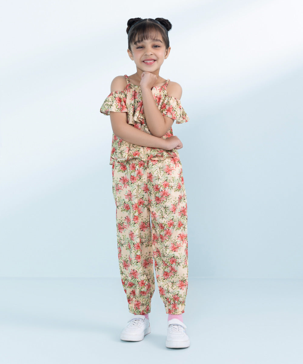 Kids Cream Beige 2 Piece Printed Poplin Suit