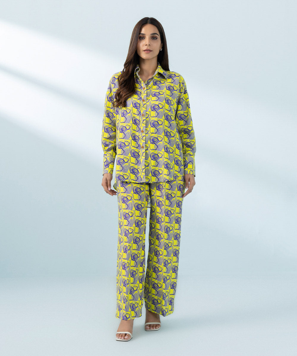 Women's Yellow Viscose Raw Silk Shirt and Trousers