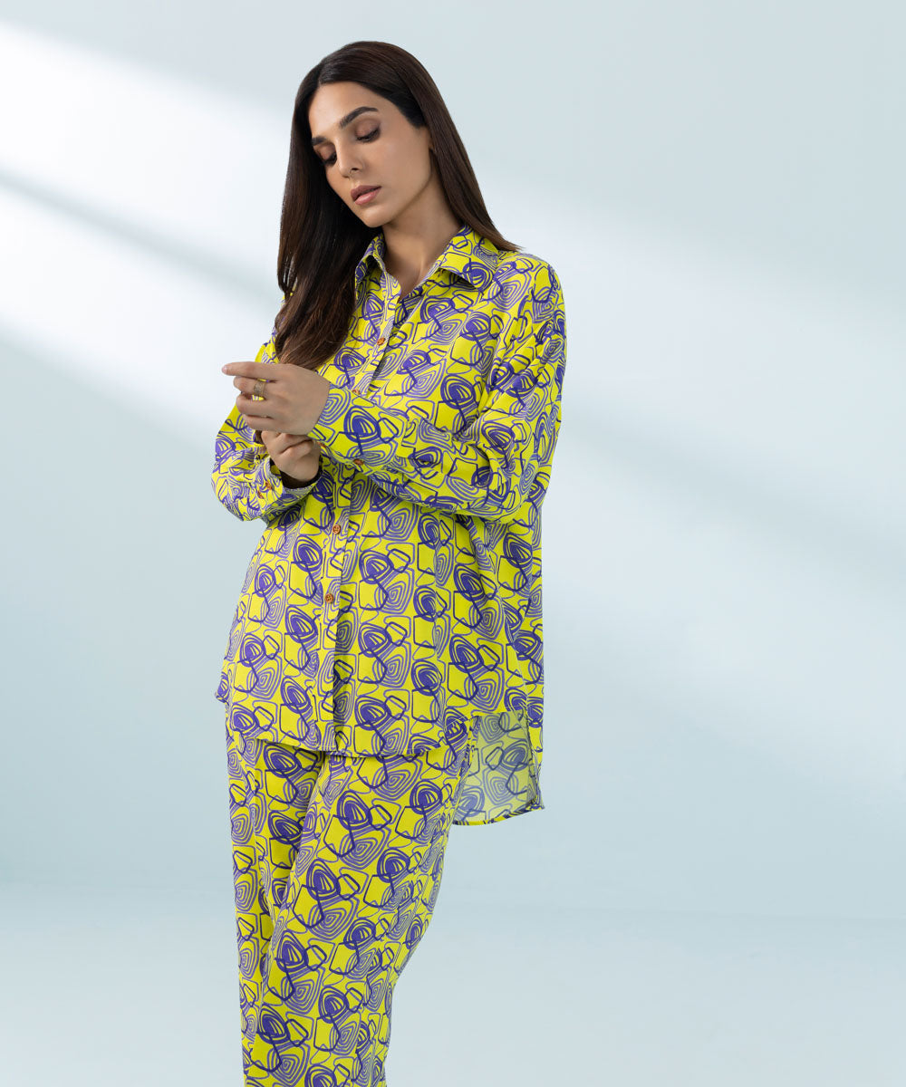 Women's Yellow Viscose Raw Silk Shirt and Trousers