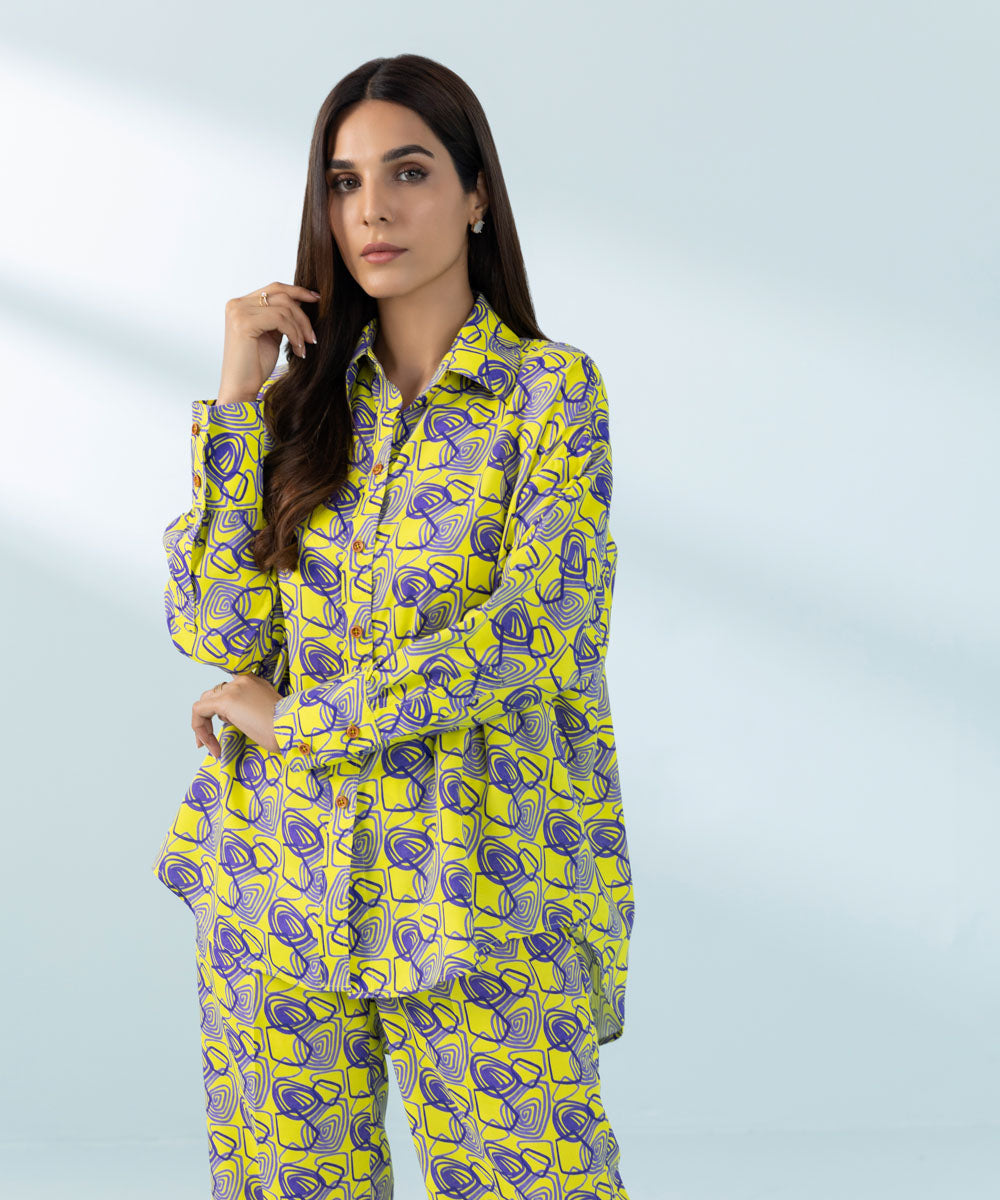 Women's Yellow Viscose Raw Silk Shirt and Trousers