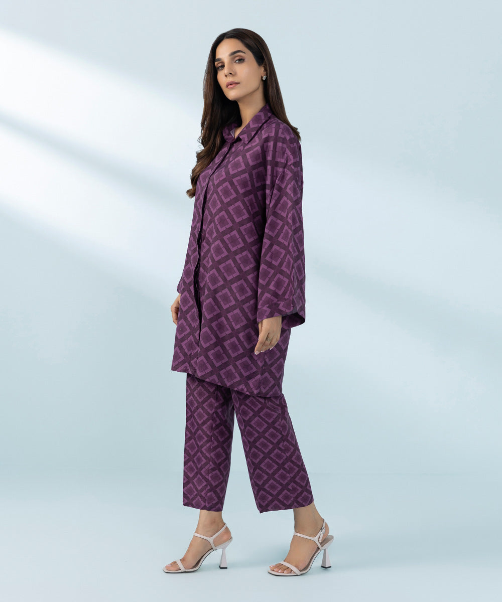 Women's Purple Viscose Raw Silk Shirt and Trousers