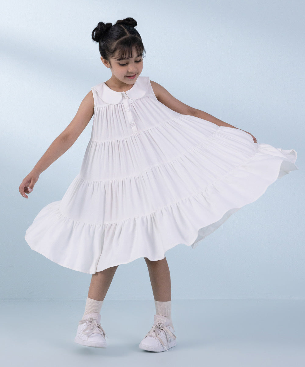 Girl's White Dyed Bedforf Dress