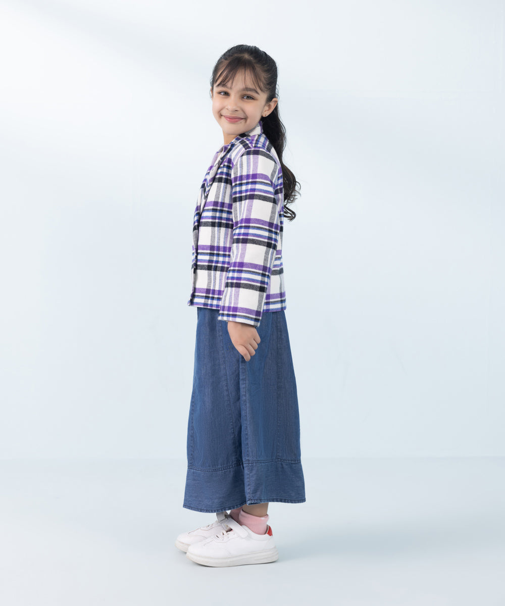 Girl's Purple Printed Cropped Flannel Jacket