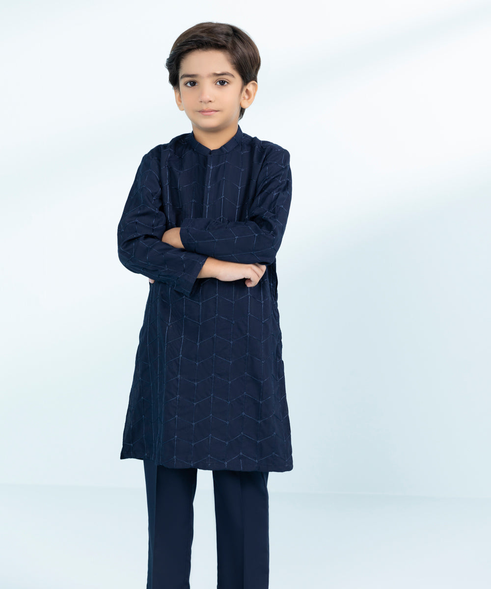 Kid Boys Navy Blue 2 Piece- Embroidered Dobby Suit