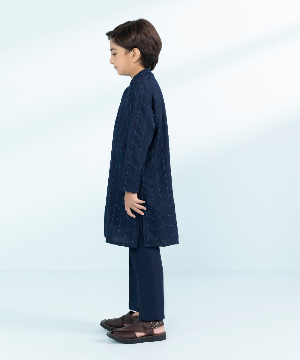 Kid Boys Navy Blue 2 Piece- Embroidered Dobby Suit