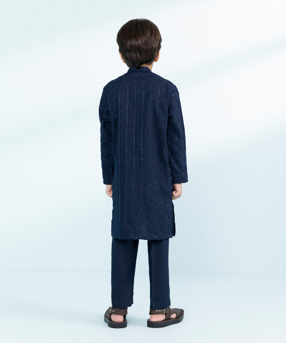 Kid Boys Navy Blue 2 Piece- Embroidered Dobby Suit