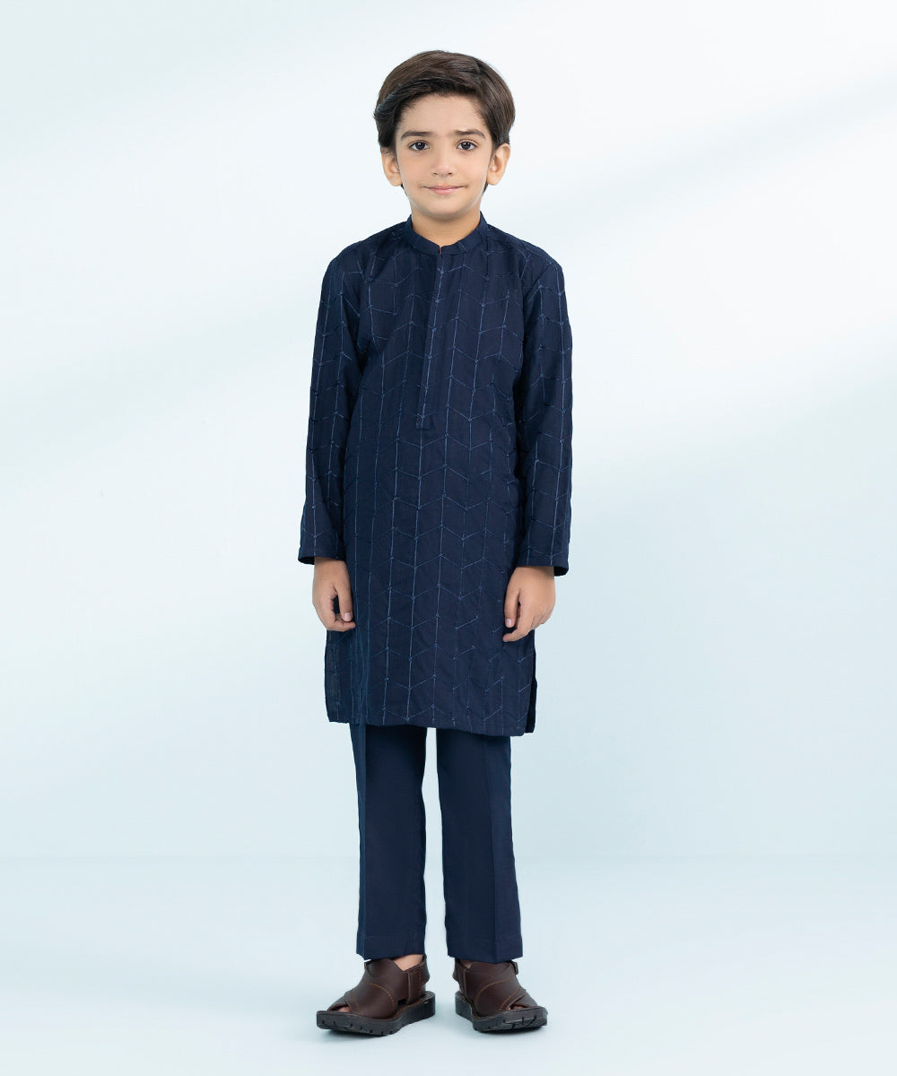 Kid Boys Navy Blue 2 Piece- Embroidered Dobby Suit