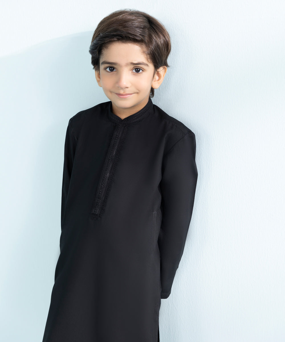 Kid Boys Black 2 Piece- Embroidered Dobby Suit